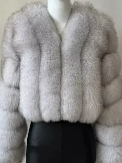 Faux Fur Coat V-Neck Long Sleeves Winter Eco-friendly Fur Crop Jacket For Women 2026