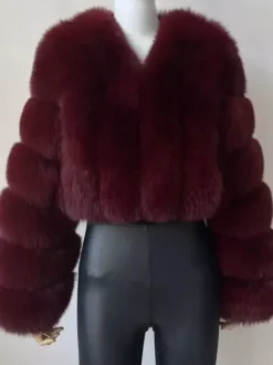 Faux Fur Coat V-Neck Long Sleeves Winter Eco-friendly Fur Crop Jacket For Women 2026