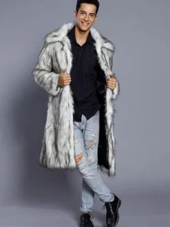 Faux Fur Coat White Long Sleeve Turndown Collar Men Winter Coat