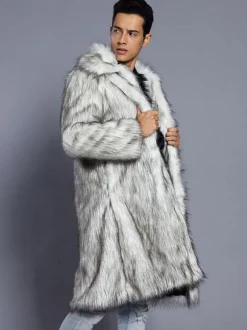 Faux Fur Coat White Long Sleeve Turndown Collar Men Winter Coat