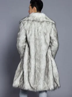 Faux Fur Coat White Long Sleeve Turndown Collar Men Winter Coat