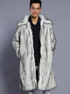 Faux Fur Coat White Long Sleeve Turndown Collar Men Winter Coat