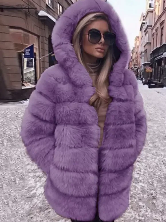 Faux Fur Coat With Hood Casual Winter Midi Jacket For Women 2026