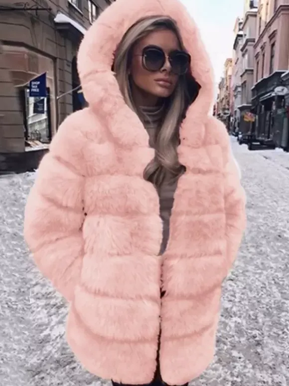 Faux Fur Coat With Hood Casual Winter Midi Jacket For Women 2026