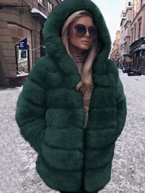 Faux Fur Coat With Hood Casual Winter Midi Jacket For Women 2026
