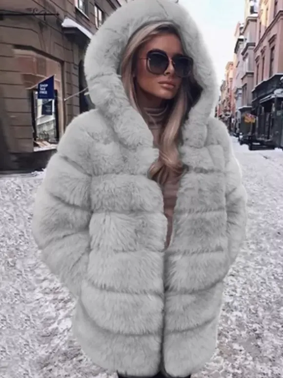 Faux Fur Coat With Hood Casual Winter Midi Jacket For Women 2026