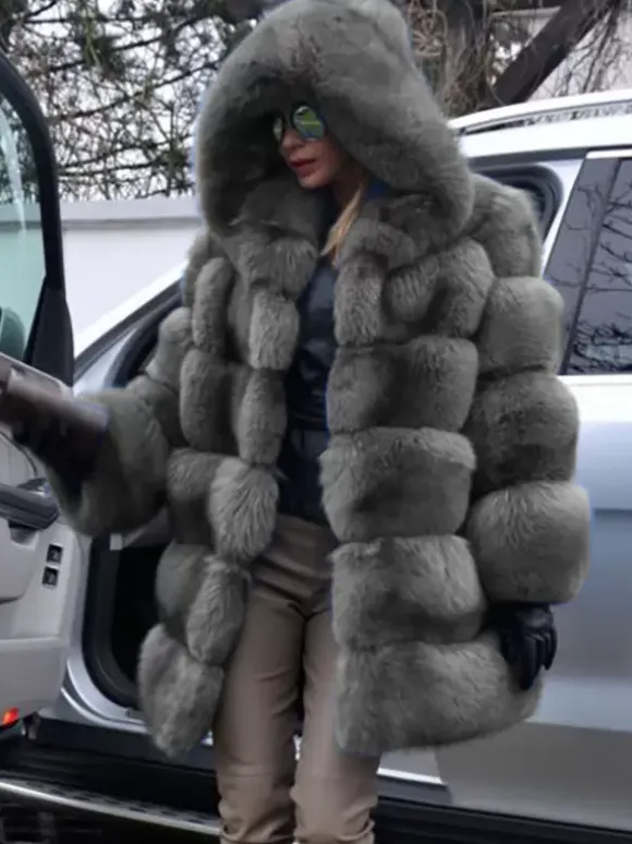 Faux Fur Coat With Hood Casual Winter Midi Jacket For Women 2026