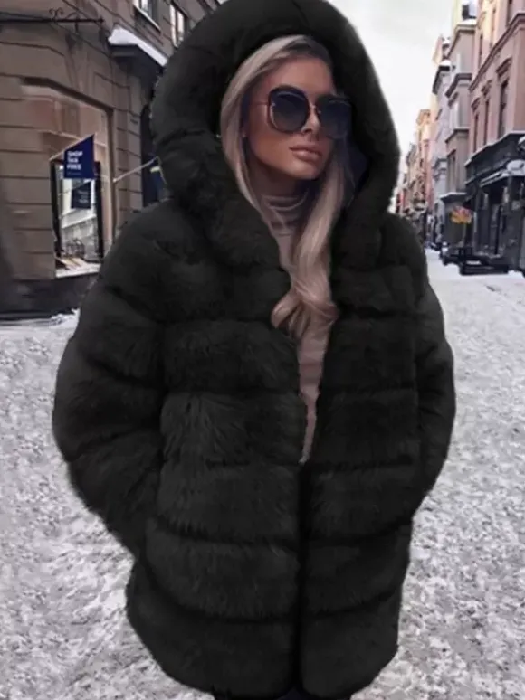Faux Fur Coat With Hood Casual Winter Midi Jacket For Women 2026