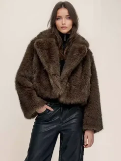 Faux Fur Jacket In Brown Notched Lapel Winter Outerwear For Women 2026