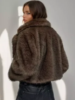 Faux Fur Jacket In Brown Notched Lapel Winter Outerwear For Women 2026