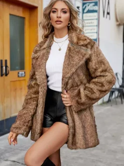 Faux Fur Jacket Notched Lapel Long Sleeves Eco-friendly Winter Coat For Women 2026