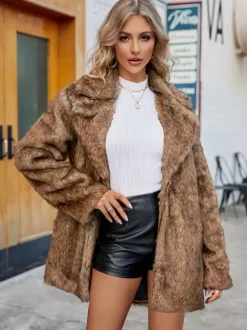 Faux Fur Jacket Notched Lapel Long Sleeves Eco-friendly Winter Coat For Women 2026
