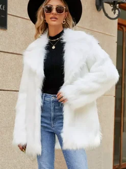 Faux Fur Jacket Notched Lapel Long Sleeves Eco-friendly Winter Coat For Women 2026