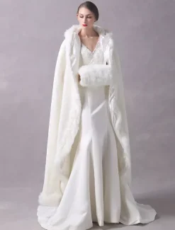 Faux Fur Jacket Wedding Long Bridal Cape Cloak Hooded Ivory Winter Wrap Coat