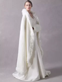 Faux Fur Jacket Wedding Long Bridal Cape Cloak Hooded Ivory Winter Wrap Coat