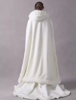 Faux Fur Jacket Wedding Long Bridal Cape Cloak Hooded Ivory Winter Wrap Coat