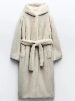 Faux Fur Long Coat With Hood Light Apricot Oversized Winter Outerwear For Women 2026