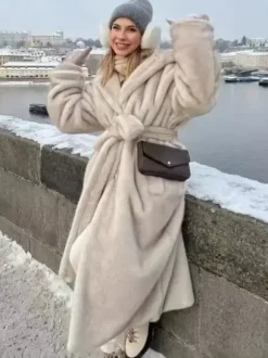 Faux Fur Long Coat With Hood Light Apricot Oversized Winter Outerwear For Women 2026