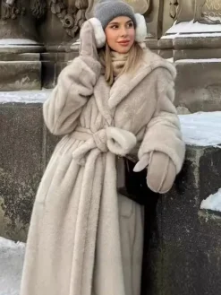 Faux Fur Long Coat With Hood Light Apricot Oversized Winter Outerwear For Women 2026