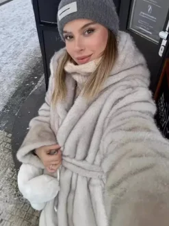 Faux Fur Long Coat With Hood Light Apricot Oversized Winter Outerwear For Women 2026