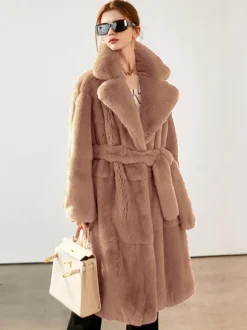 Faux Fur Long Coat Notched Lapel Belted Winter Eco-friendly Jacket For Women 2026