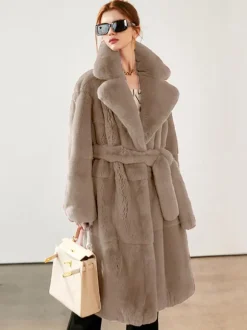 Faux Fur Long Coat Notched Lapel Belted Winter Eco-friendly Jacket For Women 2026