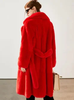 Faux Fur Long Coat Notched Lapel Belted Winter Eco-friendly Jacket For Women 2026