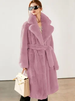 Faux Fur Long Coat Notched Lapel Belted Winter Eco-friendly Jacket For Women 2026