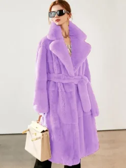 Faux Fur Long Coat Notched Lapel Belted Winter Eco-friendly Jacket For Women 2026