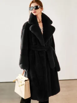 Faux Fur Long Coat Notched Lapel Belted Winter Eco-friendly Jacket For Women 2026
