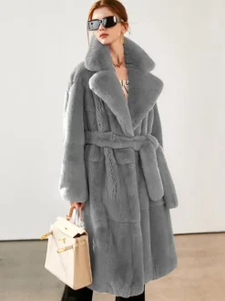 Faux Fur Long Coat Notched Lapel Belted Winter Eco-friendly Jacket For Women 2026