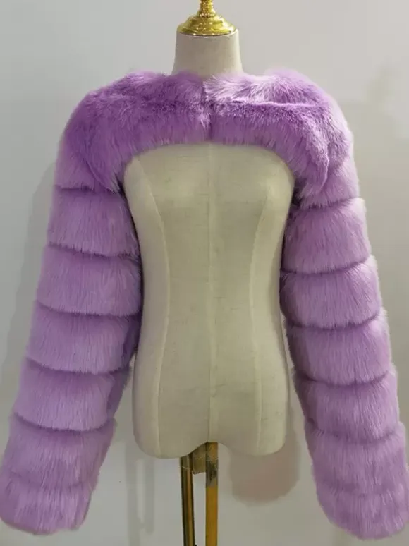 Faux Fur Long Sleeves Eco-friendly White Cropped Outerwear For Women 2026
