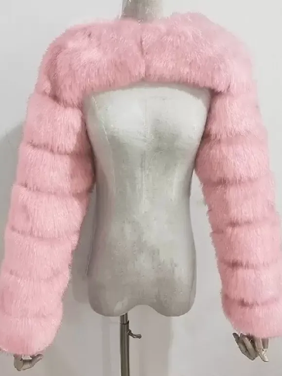 Faux Fur Long Sleeves Eco-friendly White Cropped Outerwear For Women 2026