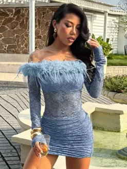 Faux Fur Trim Lace Mini Dress For Women - Dusty Blue Sexy Ruched Long Sleeve Bodycon - Spring Wedding Guest Party Dress 2026