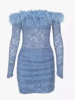 Faux Fur Trim Lace Mini Dress For Women - Dusty Blue Sexy Ruched Long Sleeve Bodycon - Spring Wedding Guest Party Dress 2026