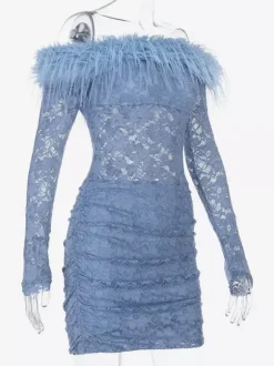Faux Fur Trim Lace Mini Dress For Women - Dusty Blue Sexy Ruched Long Sleeve Bodycon - Spring Wedding Guest Party Dress 2026