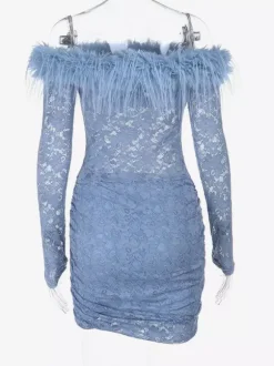 Faux Fur Trim Lace Mini Dress For Women - Dusty Blue Sexy Ruched Long Sleeve Bodycon - Spring Wedding Guest Party Dress 2026
