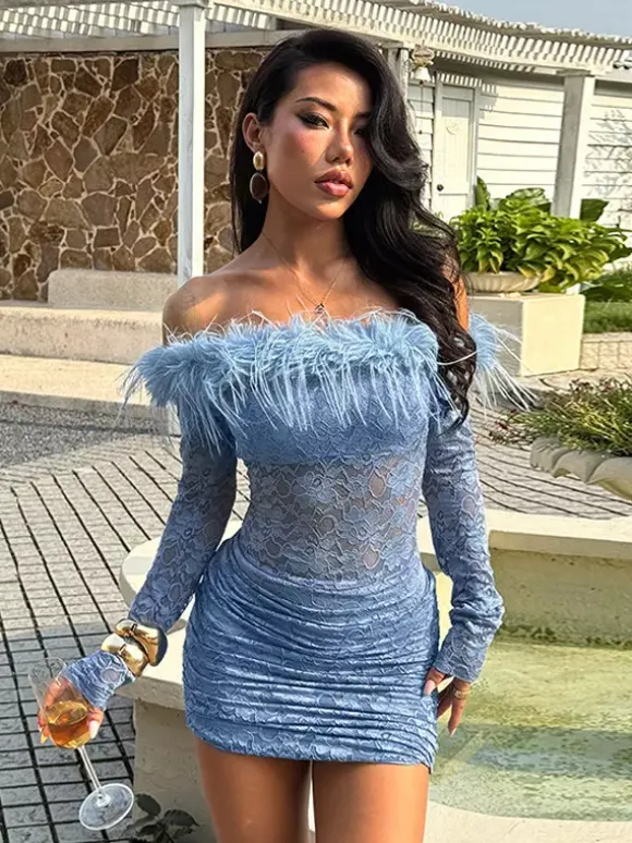 Faux Fur Trim Lace Mini Dress For Women - Dusty Blue Sexy Ruched Long Sleeve Bodycon - Spring Wedding Guest Party Dress 2026