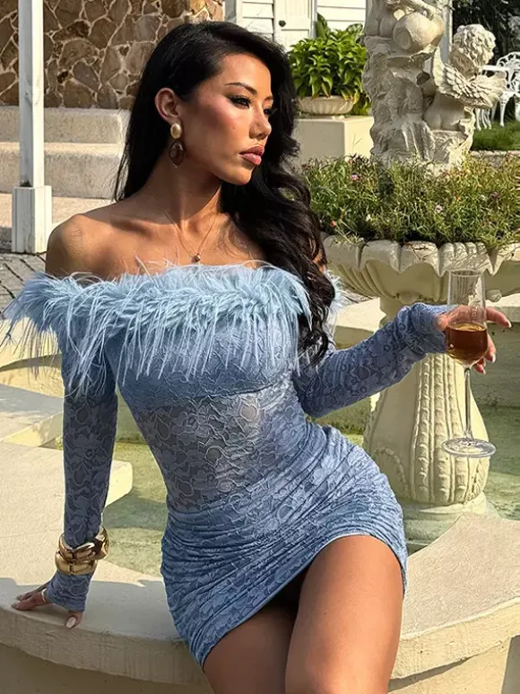Faux Fur Trim Lace Mini Dress For Women - Dusty Blue Sexy Ruched Long Sleeve Bodycon - Spring Wedding Guest Party Dress 2026