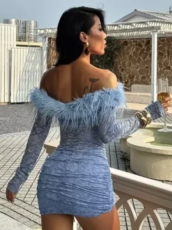 Faux Fur Trim Lace Mini Dress For Women - Dusty Blue Sexy Ruched Long Sleeve Bodycon - Spring Wedding Guest Party Dress 2026