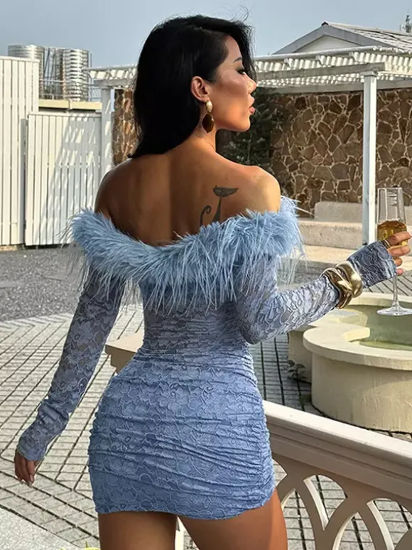 Faux Fur Trim Lace Mini Dress For Women - Dusty Blue Sexy Ruched Long Sleeve Bodycon - Spring Wedding Guest Party Dress 2026