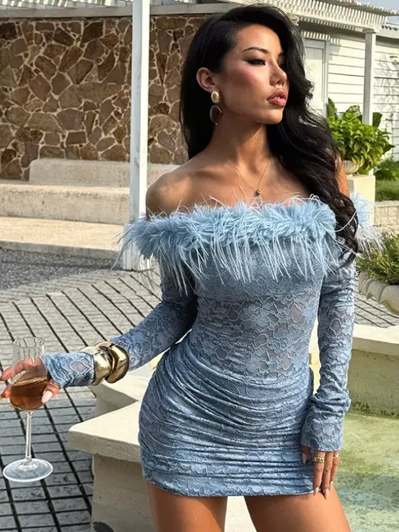 Faux Fur Trim Lace Mini Dress For Women - Dusty Blue Sexy Ruched Long Sleeve Bodycon - Spring Wedding Guest Party Dress 2026