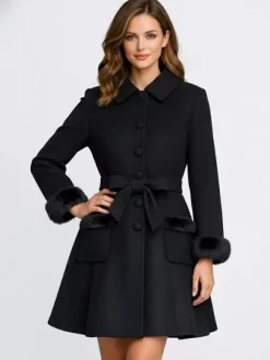 Faux Fur Trimmed Belted Wool Blend coat With Hooded Cape For Women 2026