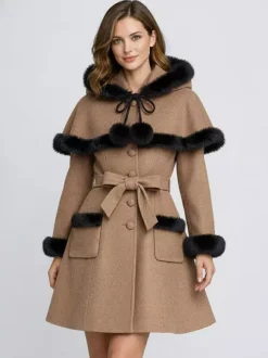 Faux Fur Trimmed Belted Wool Blend coat With Hooded Cape For Women 2026
