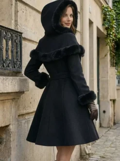 Faux Fur Trimmed Belted Wool Blend coat With Hooded Cape For Women 2026