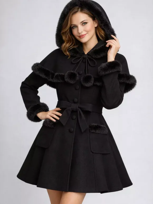 Faux Fur Trimmed Belted Wool Blend coat With Hooded Cape For Women 2026