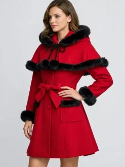 Faux Fur Trimmed Belted Wool Blend coat With Hooded Cape For Women 2026