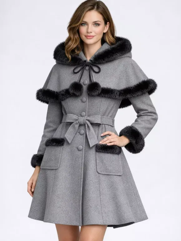 Faux Fur Trimmed Belted Wool Blend coat With Hooded Cape For Women 2026