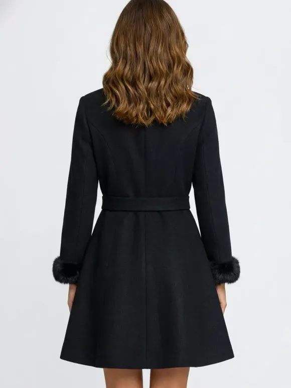 Faux Fur Trimmed Belted Wool Blend coat With Hooded Cape For Women 2026