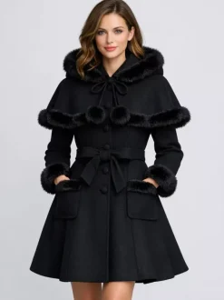 Faux Fur Trimmed Belted Wool Blend coat With Hooded Cape For Women 2026